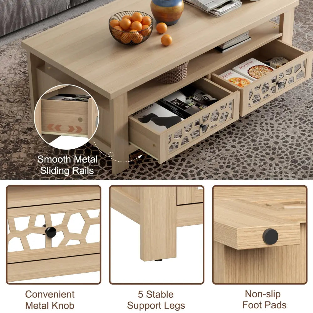 3-tier Coffee Table with 2 Drawers and 5 Support Legs-Natural - Natural - Coffee Tables