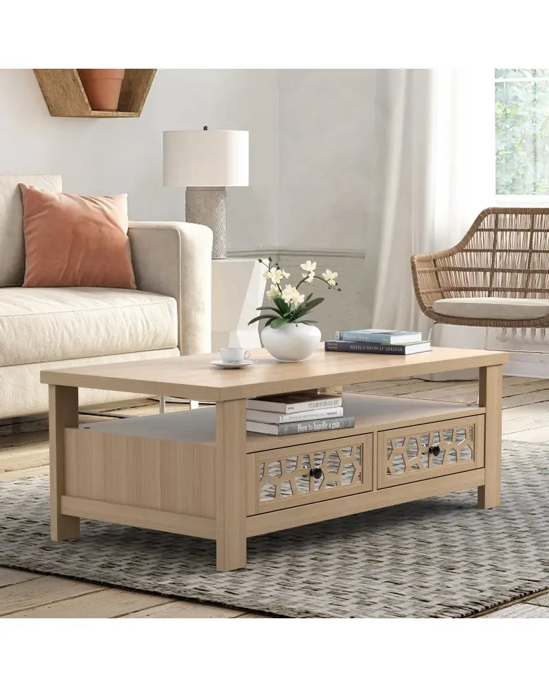 3-tier Coffee Table with 2 Drawers and 5 Support Legs-Natural - Natural - Coffee Tables
