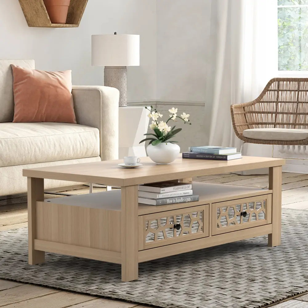 3-tier Coffee Table with 2 Drawers and 5 Support Legs-Natural - Natural - Coffee Tables
