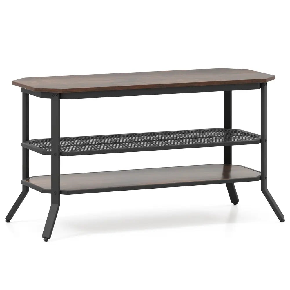 3-tier Console Table TV Stand with Mesh Storage Shelf-Rustic Brown - Rustic Brown - Entertainment Centers & TV Stands