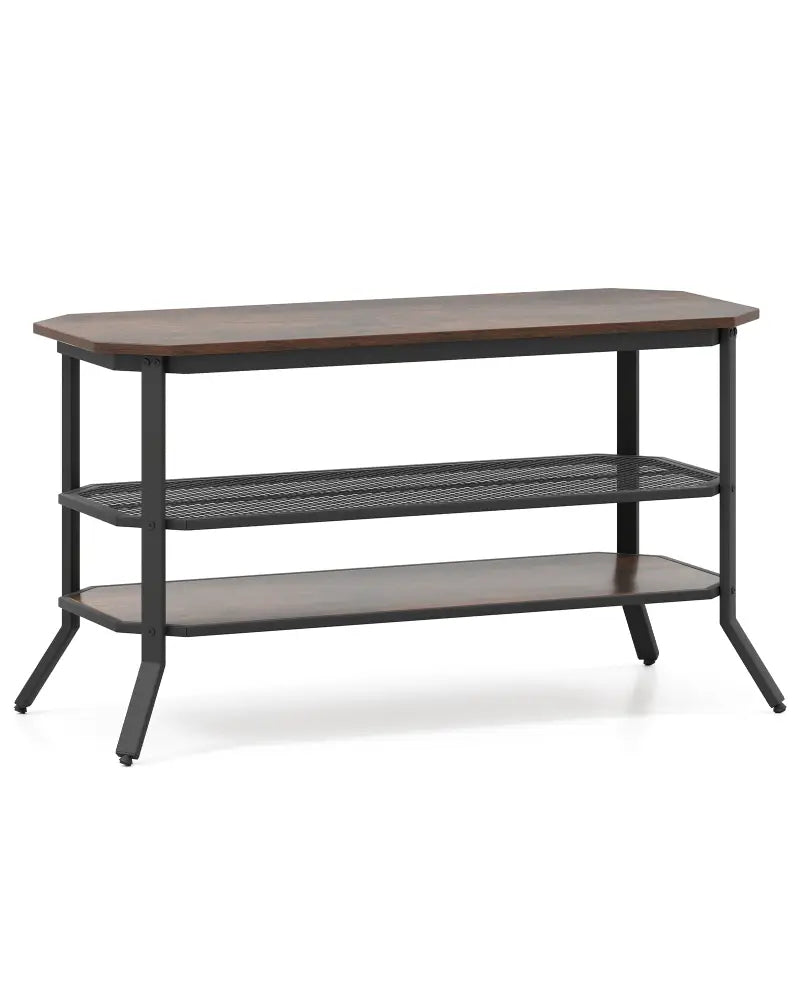 3-tier Console Table TV Stand with Mesh Storage Shelf-Rustic Brown - Rustic Brown - Entertainment Centers & TV Stands