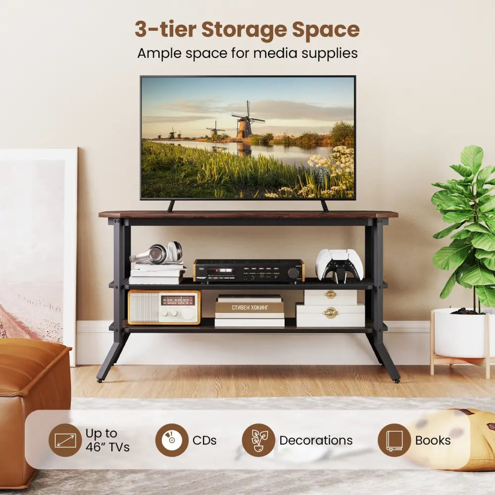3-tier Console Table TV Stand with Mesh Storage Shelf-Rustic Brown - Rustic Brown - Entertainment Centers & TV Stands