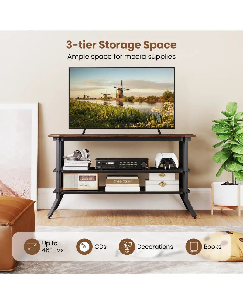 3-tier Console Table TV Stand with Mesh Storage Shelf-Rustic Brown - Rustic Brown - Entertainment Centers & TV Stands