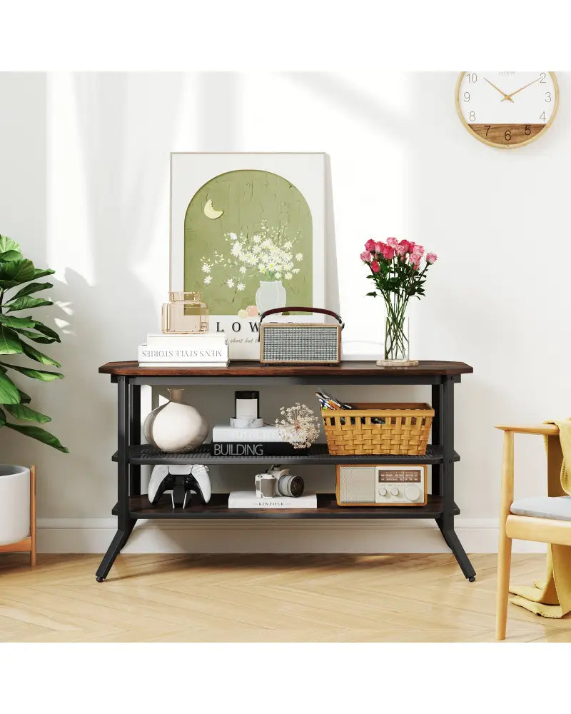 3-tier Console Table TV Stand with Mesh Storage Shelf-Rustic Brown - Rustic Brown - Entertainment Centers & TV Stands