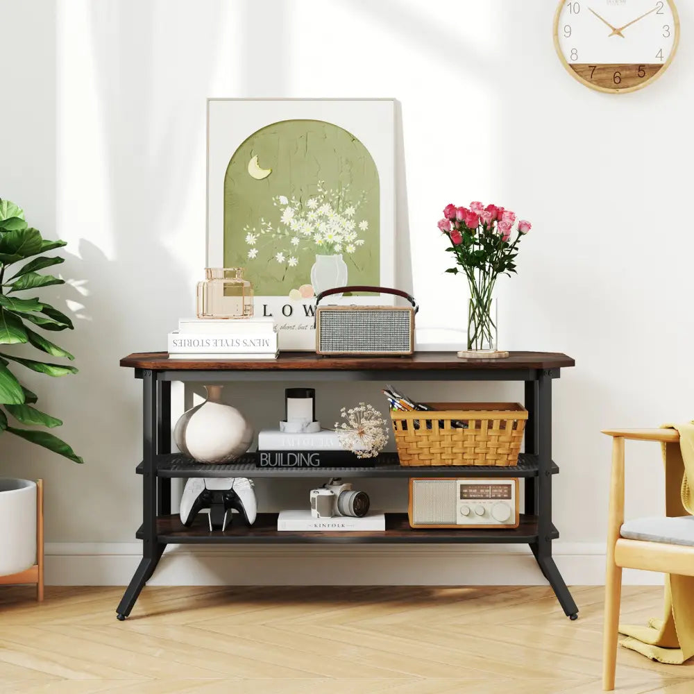 3-tier Console Table TV Stand with Mesh Storage Shelf-Rustic Brown - Rustic Brown - Entertainment Centers & TV Stands