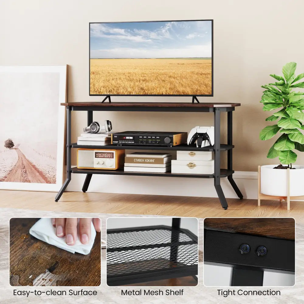 3-tier Console Table TV Stand with Mesh Storage Shelf-Rustic Brown - Rustic Brown - Entertainment Centers & TV Stands