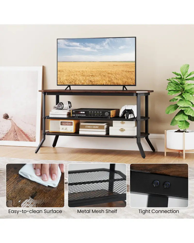 3-tier Console Table TV Stand with Mesh Storage Shelf-Rustic Brown - Rustic Brown - Entertainment Centers & TV Stands
