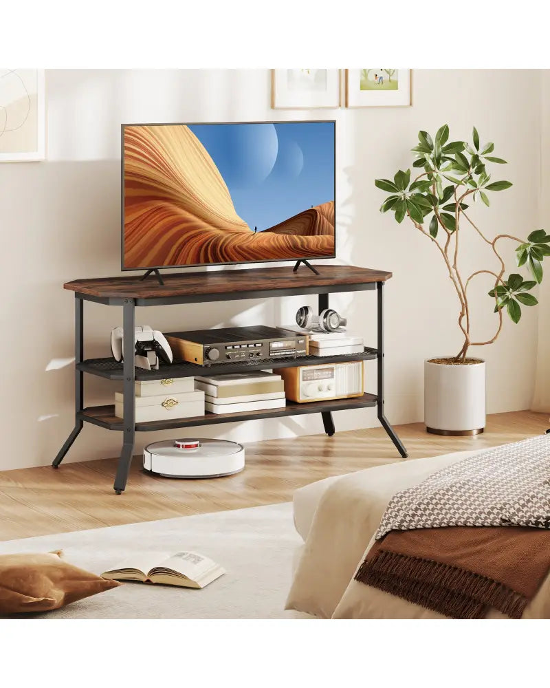 3-tier Console Table TV Stand with Mesh Storage Shelf-Rustic Brown - Rustic Brown - Entertainment Centers & TV Stands