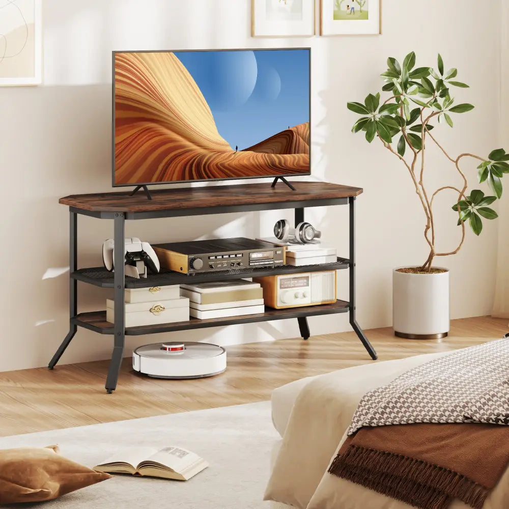 3-tier Console Table TV Stand with Mesh Storage Shelf-Rustic Brown - Rustic Brown - Entertainment Centers & TV Stands