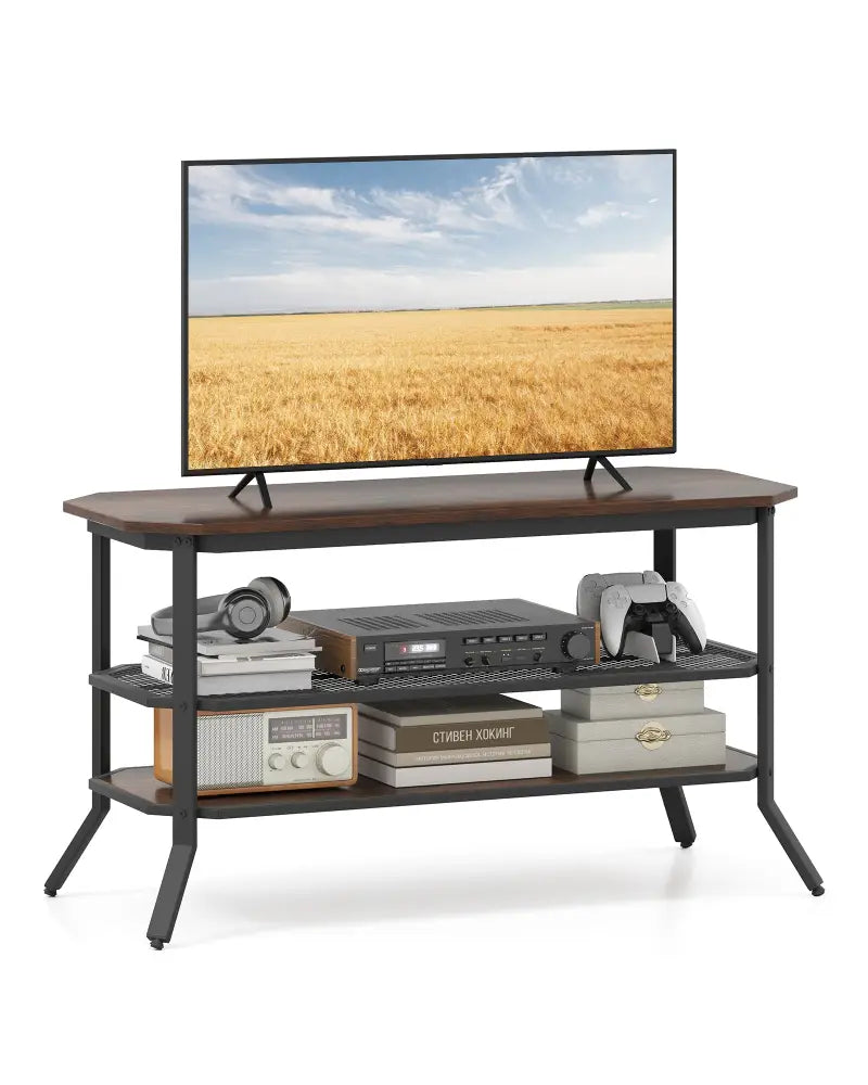 3-tier Console Table TV Stand with Mesh Storage Shelf-Rustic Brown - Rustic Brown - Entertainment Centers & TV Stands