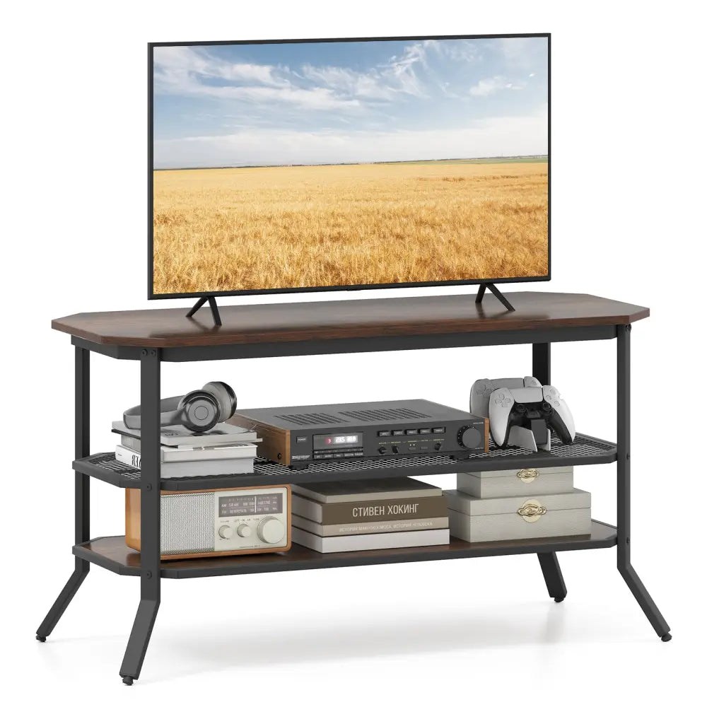 3-tier Console Table TV Stand with Mesh Storage Shelf-Rustic Brown - Rustic Brown - Entertainment Centers & TV Stands