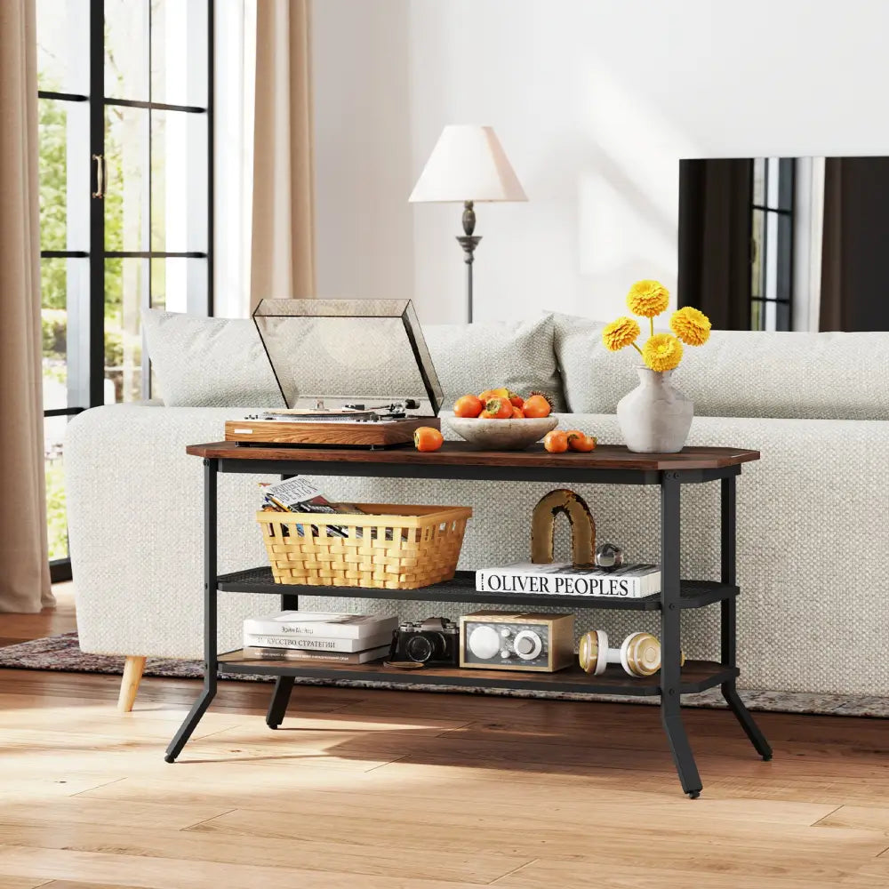 3-tier Console Table TV Stand with Mesh Storage Shelf-Rustic Brown - Rustic Brown - Entertainment Centers & TV Stands