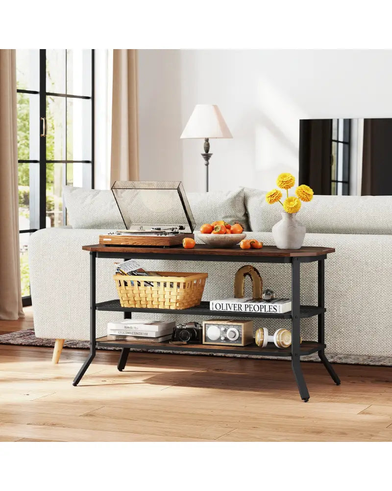 3-tier Console Table TV Stand with Mesh Storage Shelf-Rustic Brown - Rustic Brown - Entertainment Centers & TV Stands