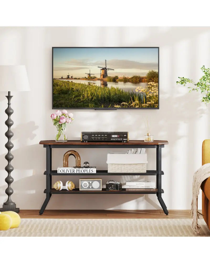 3-tier Console Table TV Stand with Mesh Storage Shelf-Rustic Brown - Rustic Brown - Entertainment Centers & TV Stands