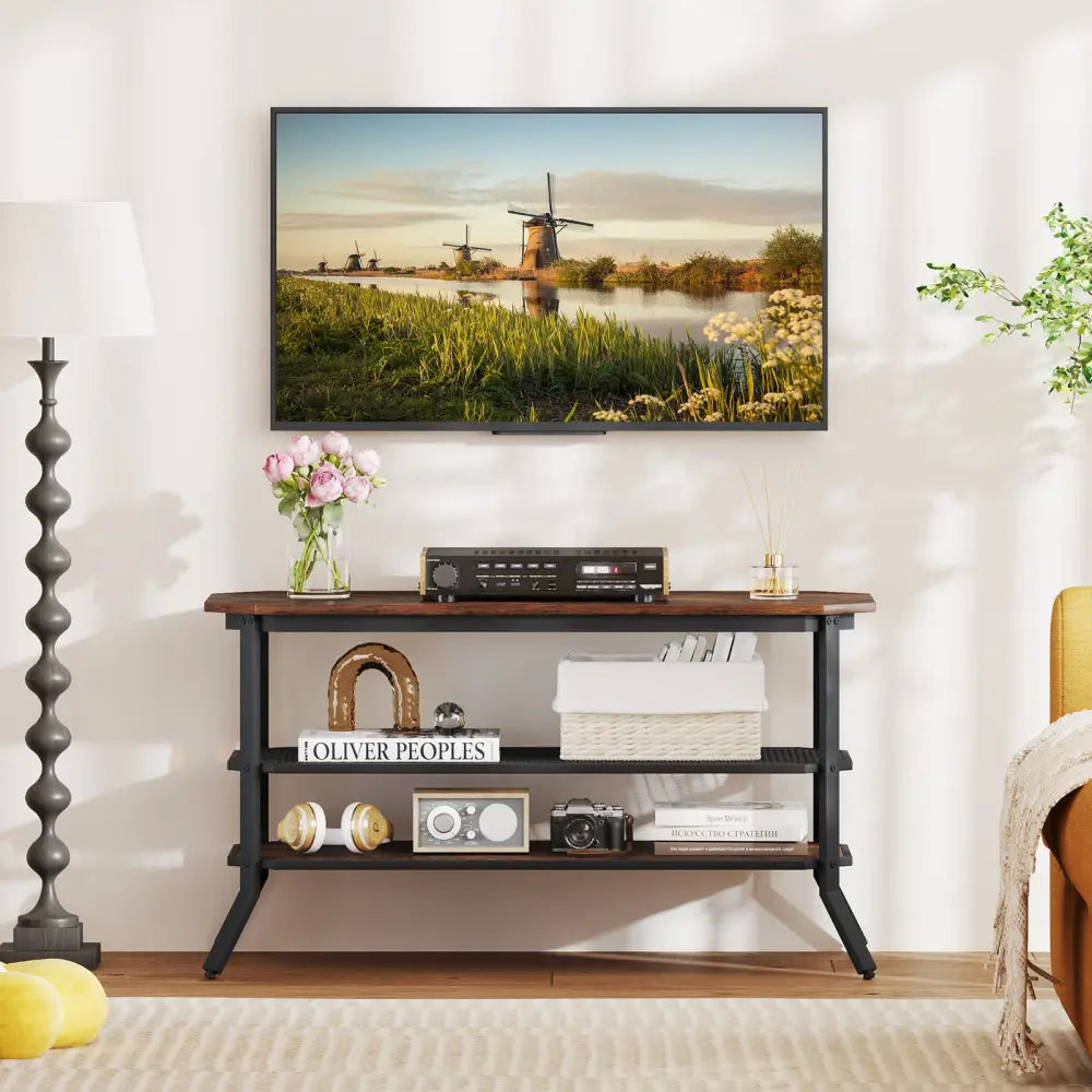 3-tier Console Table TV Stand with Mesh Storage Shelf-Rustic Brown - Rustic Brown - Entertainment Centers & TV Stands