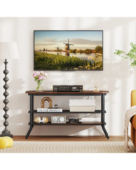 3-tier Console Table TV Stand with Mesh Storage Shelf-Rustic Brown - Rustic Brown - Entertainment Centers & TV Stands