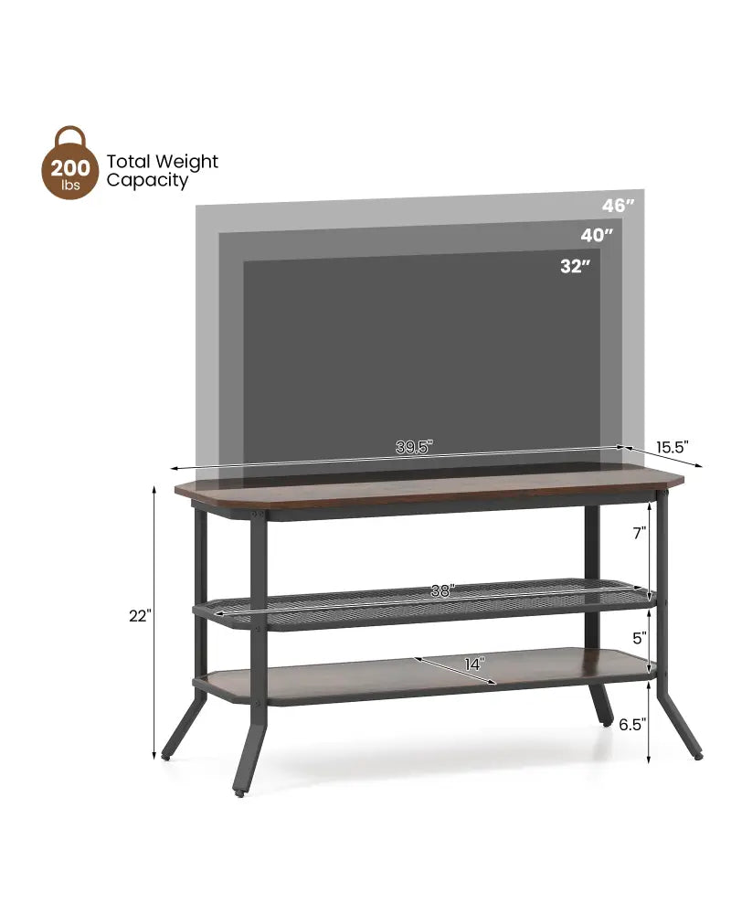 3-tier Console Table TV Stand with Mesh Storage Shelf-Rustic Brown - Rustic Brown - Entertainment Centers & TV Stands