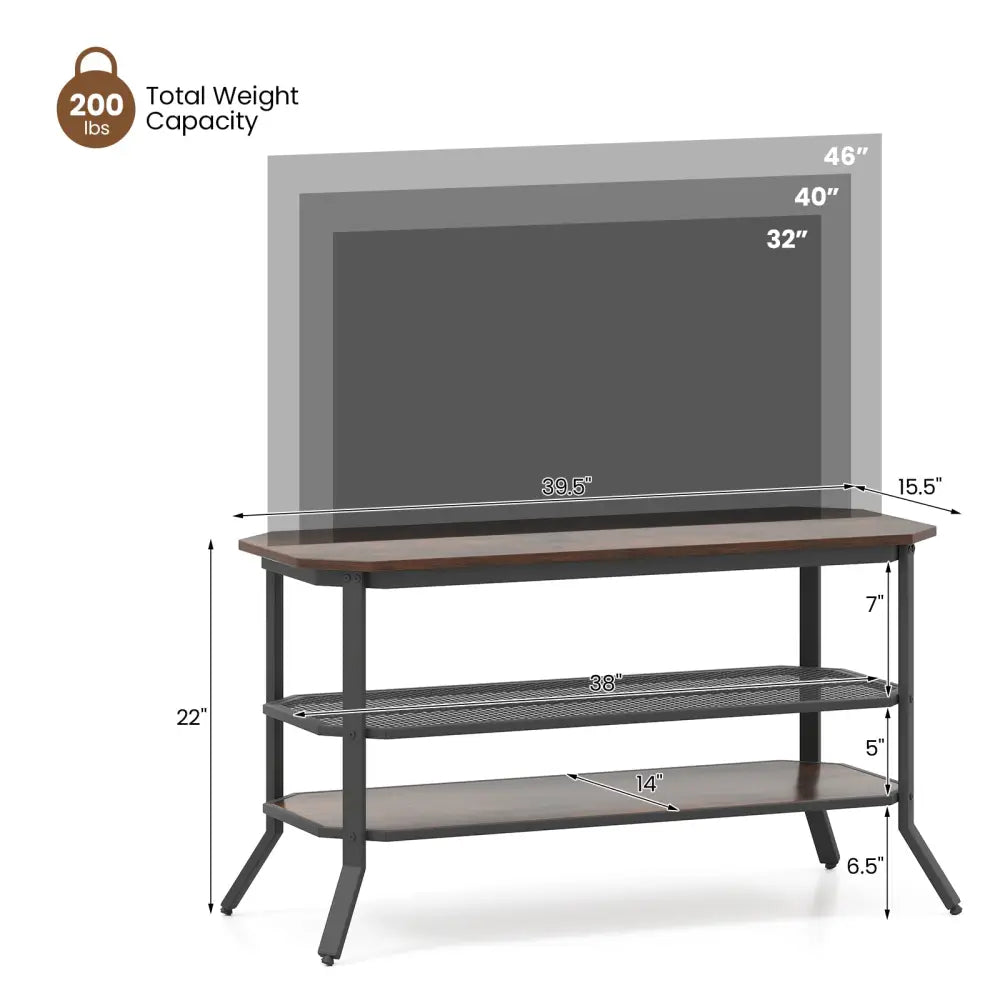 3-tier Console Table TV Stand with Mesh Storage Shelf-Rustic Brown - Rustic Brown - Entertainment Centers & TV Stands