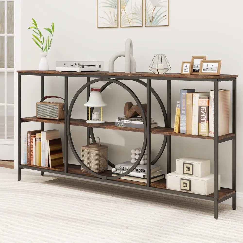 3-Tier Console Table with Faux Marble Top and Storage Shelves for Hallway Living Room-Rustic Brown - Rustic Brown