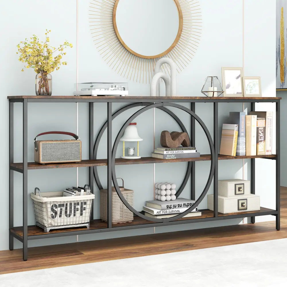 3-Tier Console Table with Faux Marble Top and Storage Shelves for Hallway Living Room-Rustic Brown - Rustic Brown
