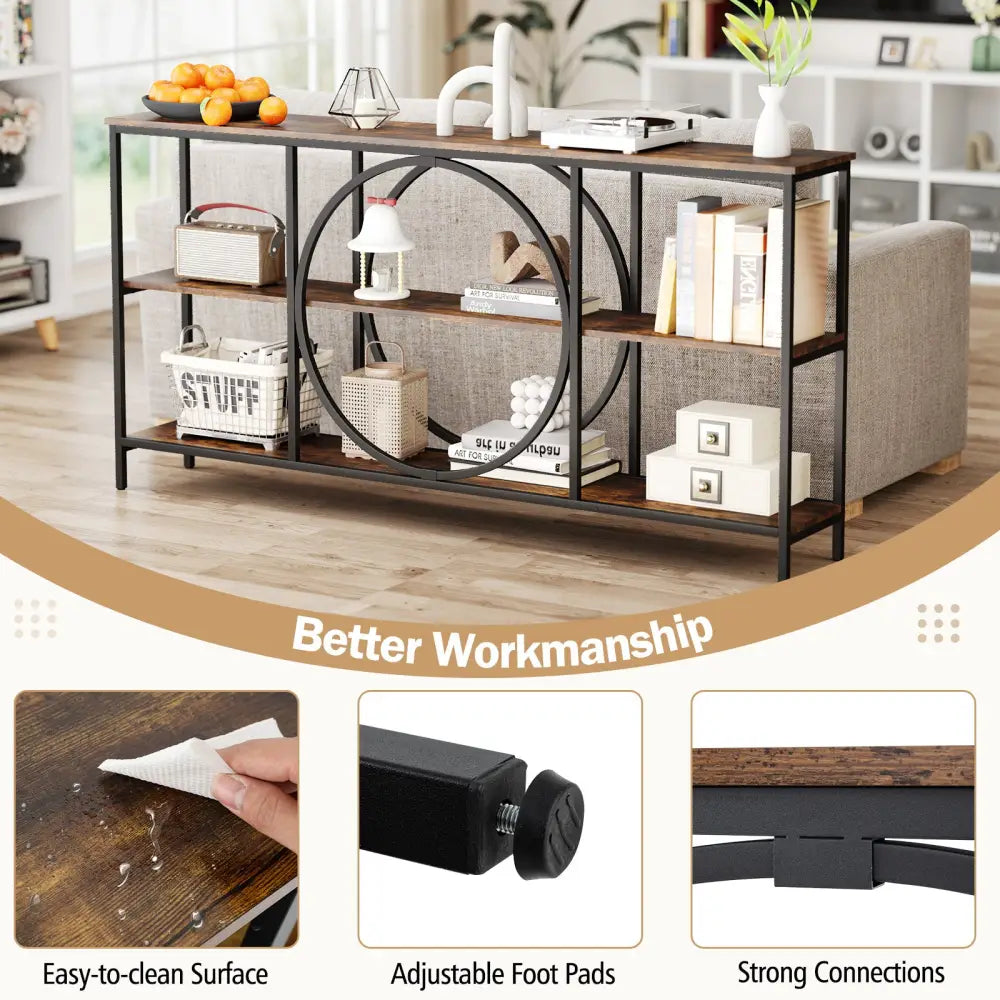 3-Tier Console Table with Faux Marble Top and Storage Shelves for Hallway Living Room-Rustic Brown - Rustic Brown