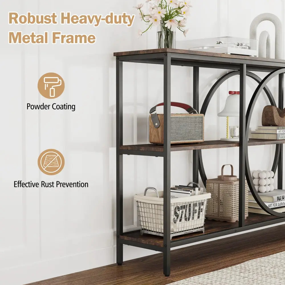 3-Tier Console Table with Faux Marble Top and Storage Shelves for Hallway Living Room-Rustic Brown - Rustic Brown