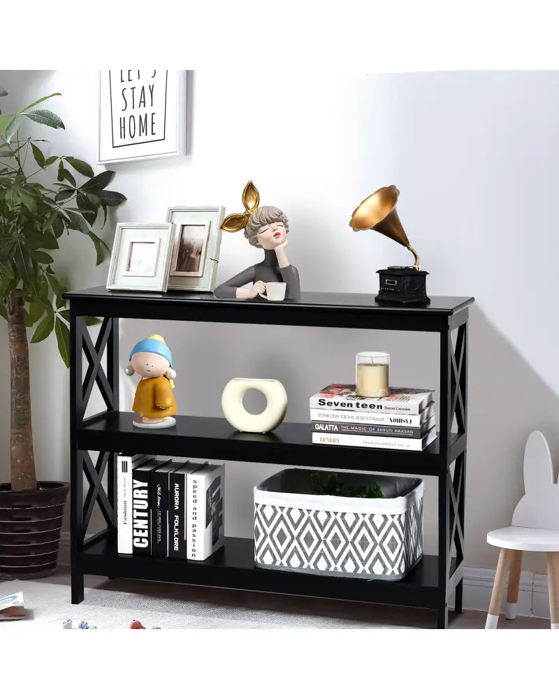 3-Tier Console X-Design Sofa Side Accent Table-Black - Black - Console Tables