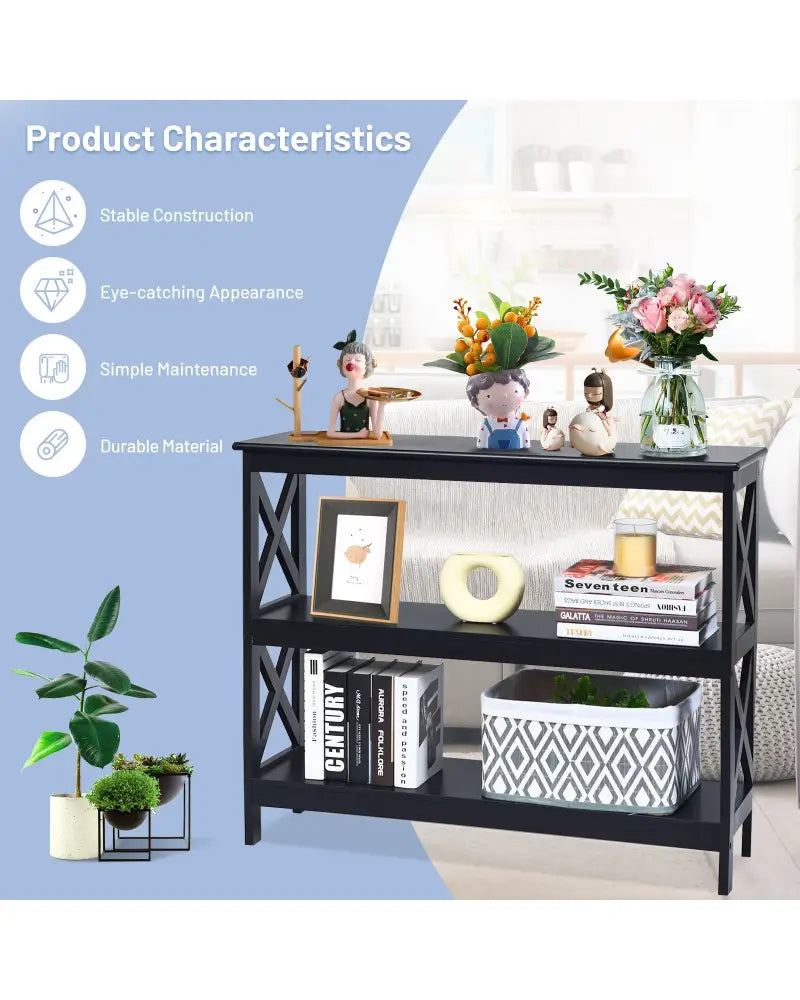 3-Tier Console X-Design Sofa Side Accent Table-Black - Black - Console Tables