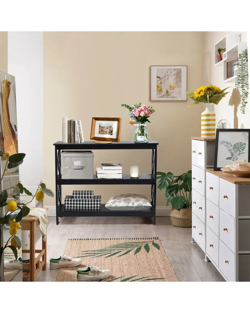 3-Tier Console X-Design Sofa Side Accent Table-Black - Black - Console Tables