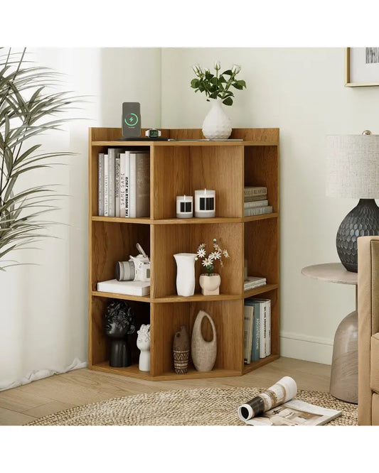 3-Tier Corner Cabinet with Charging Station for Bedroom-Natural - Natural - Cabinets & Chests
