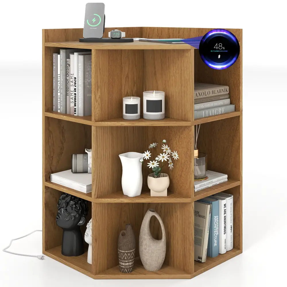 3-Tier Corner Cabinet with Charging Station for Bedroom-Natural - Natural - Cabinets & Chests