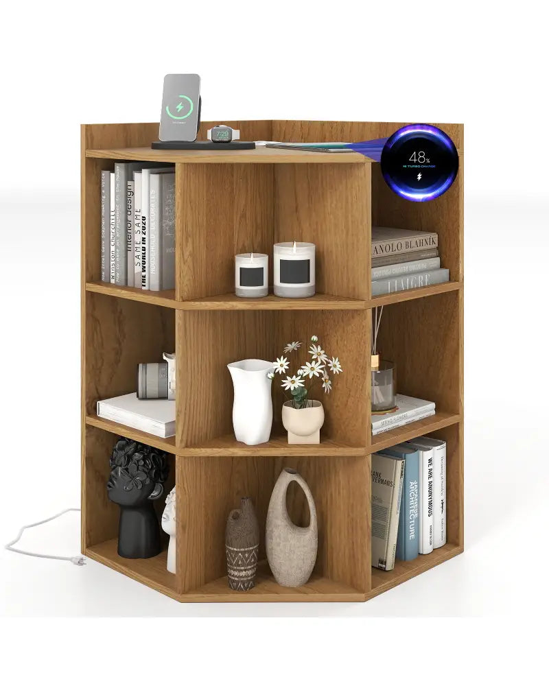 3-Tier Corner Cabinet with Charging Station for Bedroom-Natural - Natural - Cabinets & Chests