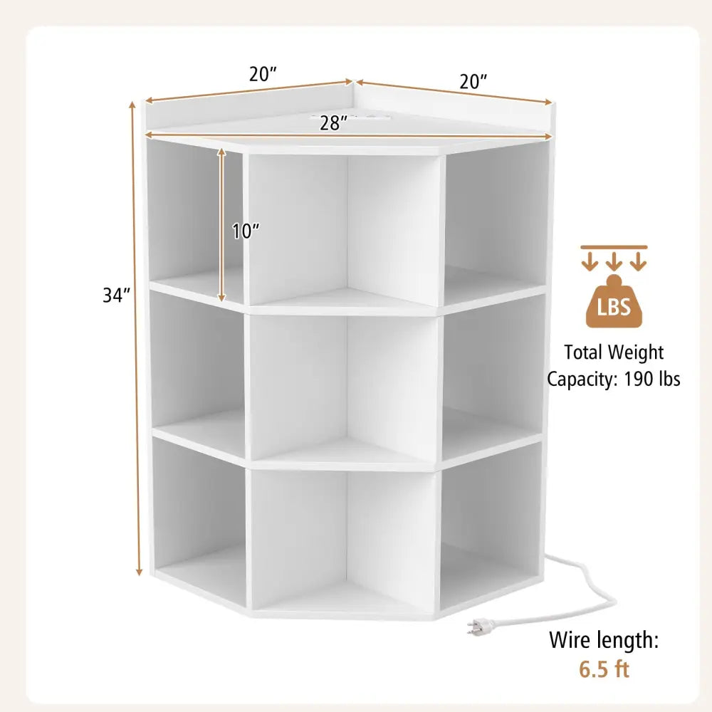 3-Tier Corner Cabinet with Charging Station for Bedroom-White - White - Cabinets & Chests