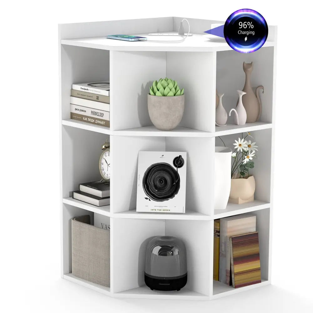 3-Tier Corner Cabinet with Charging Station for Bedroom-White - White - Cabinets & Chests
