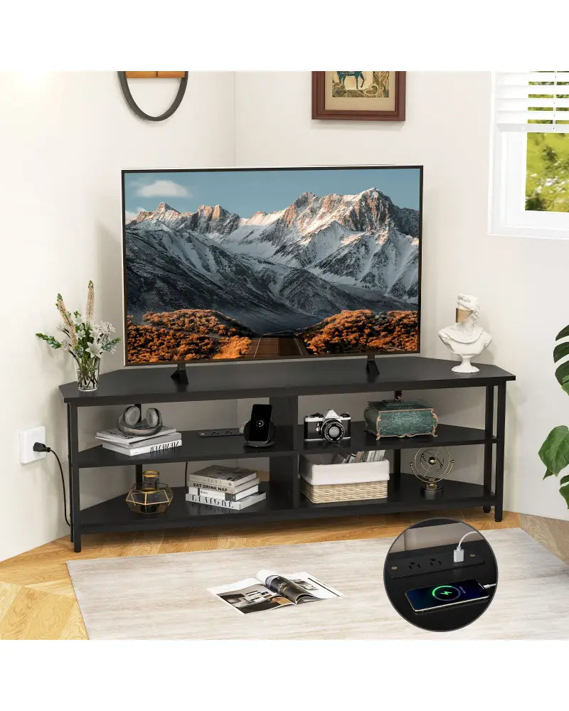 3-Tier Corner TV Stand for TVs up to 65 Inches with Charging Station- Black - Black - Entertainment Centers & TV Stands