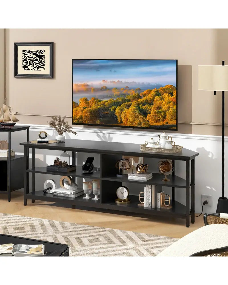 3-Tier Corner TV Stand for TVs up to 65 Inches with Charging Station- Black - Black - Entertainment Centers & TV Stands