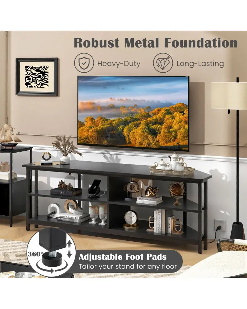 3-Tier Corner TV Stand for TVs up to 65 Inches with Charging Station- Black - Black - Entertainment Centers & TV Stands