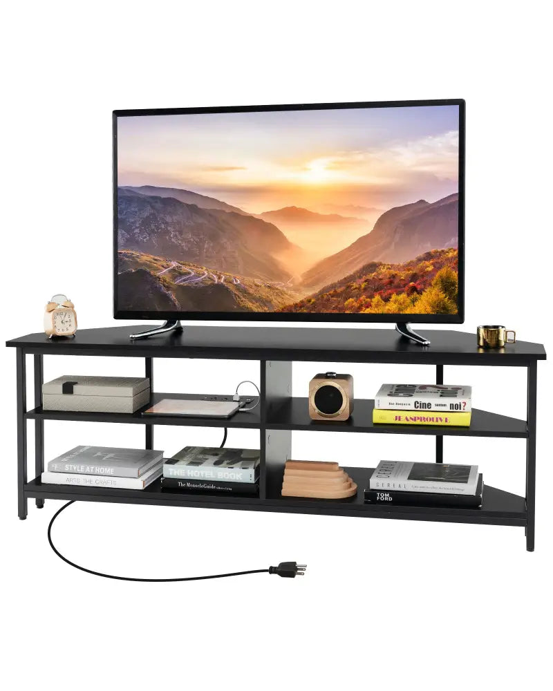 3-Tier Corner TV Stand for TVs up to 65 Inches with Charging Station- Black - Black - Entertainment Centers & TV Stands