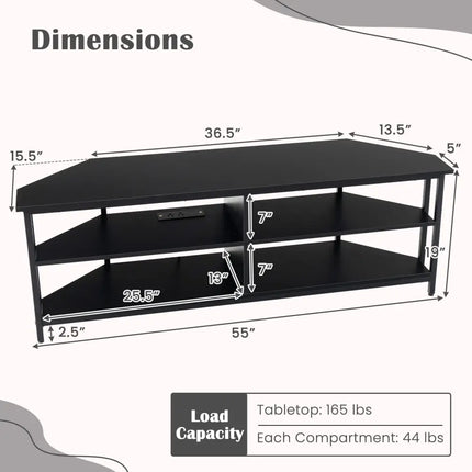 3-Tier Corner TV Stand for TVs up to 65 Inches with Charging Station- Black - Black - Entertainment Centers & TV Stands