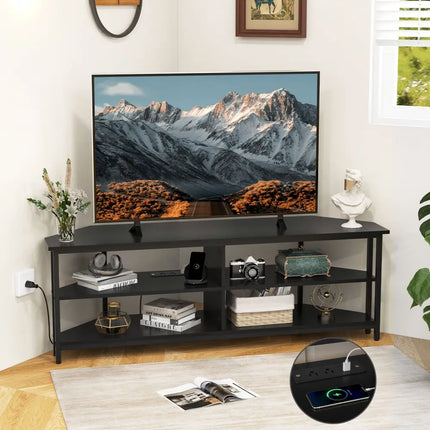 3-Tier Corner TV Stand for TVs up to 65 Inches with Charging Station- Black - Black - Entertainment Centers & TV Stands