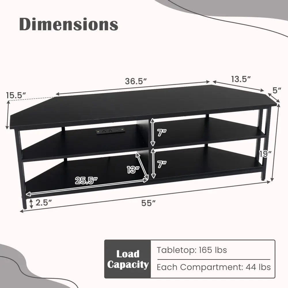 3-Tier Corner TV Stand for TVs up to 65 Inches with Charging Station- Black - Black - Entertainment Centers & TV Stands