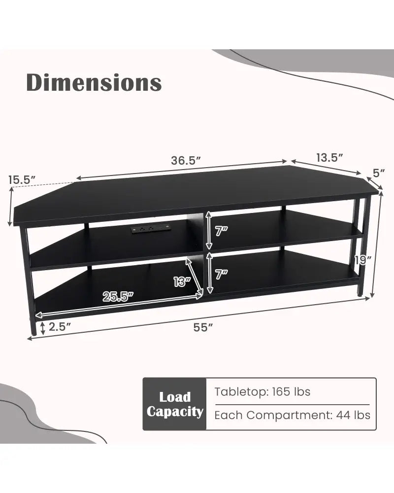3-Tier Corner TV Stand for TVs up to 65 Inches with Charging Station- Black - Black - Entertainment Centers & TV Stands