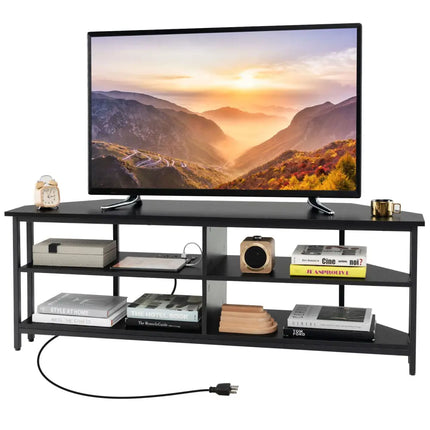 3-Tier Corner TV Stand for TVs up to 65 Inches with Charging Station- Black - Black - Entertainment Centers & TV Stands
