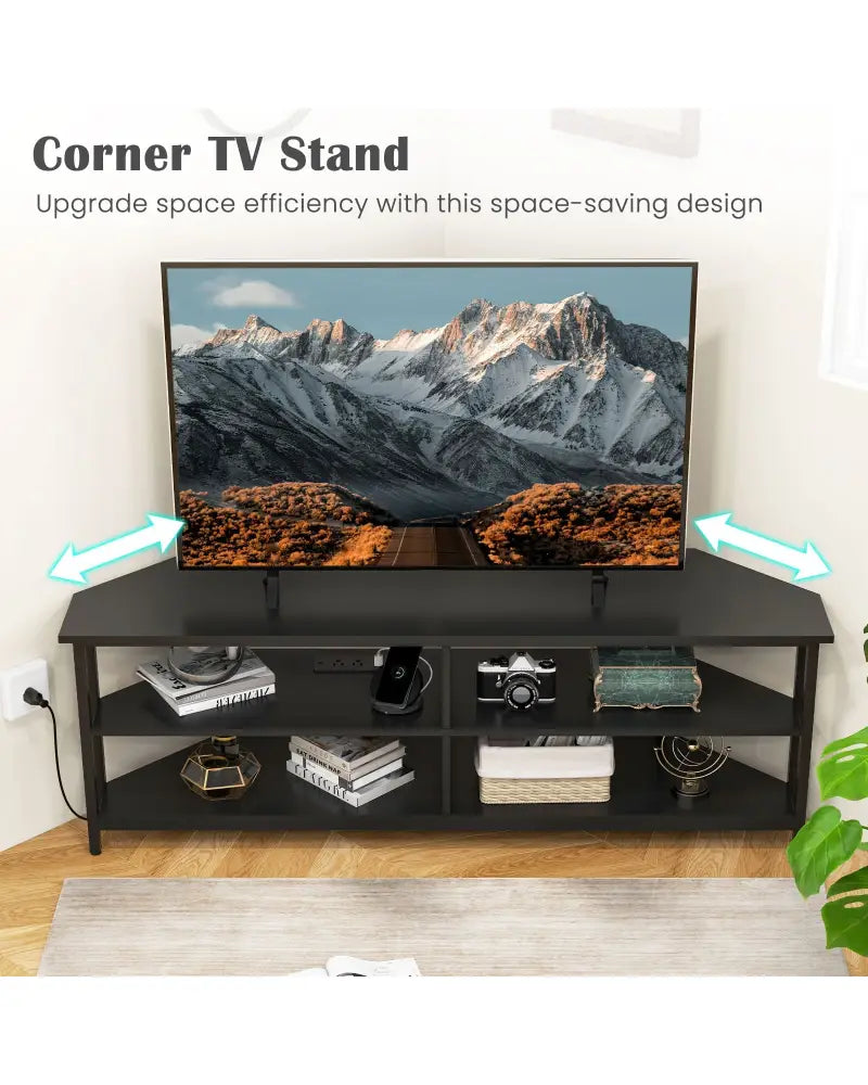 3-Tier Corner TV Stand for TVs up to 65 Inches with Charging Station- Black - Black - Entertainment Centers & TV Stands