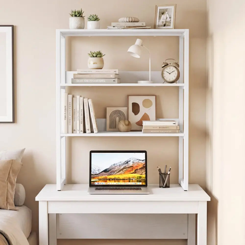 3-Tier Countertop Storage Hutch with Open Shelves-White - White - Bookcases