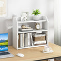 3-Tier Desktop Bookshelf Wooden Countertop Bookcase with Raised Top Guardrails-White - White - Bookcases