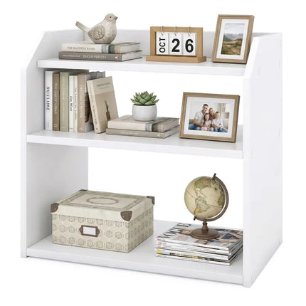 3-Tier Desktop Bookshelf Wooden Countertop Bookcase with Raised Top Guardrails-White Costway