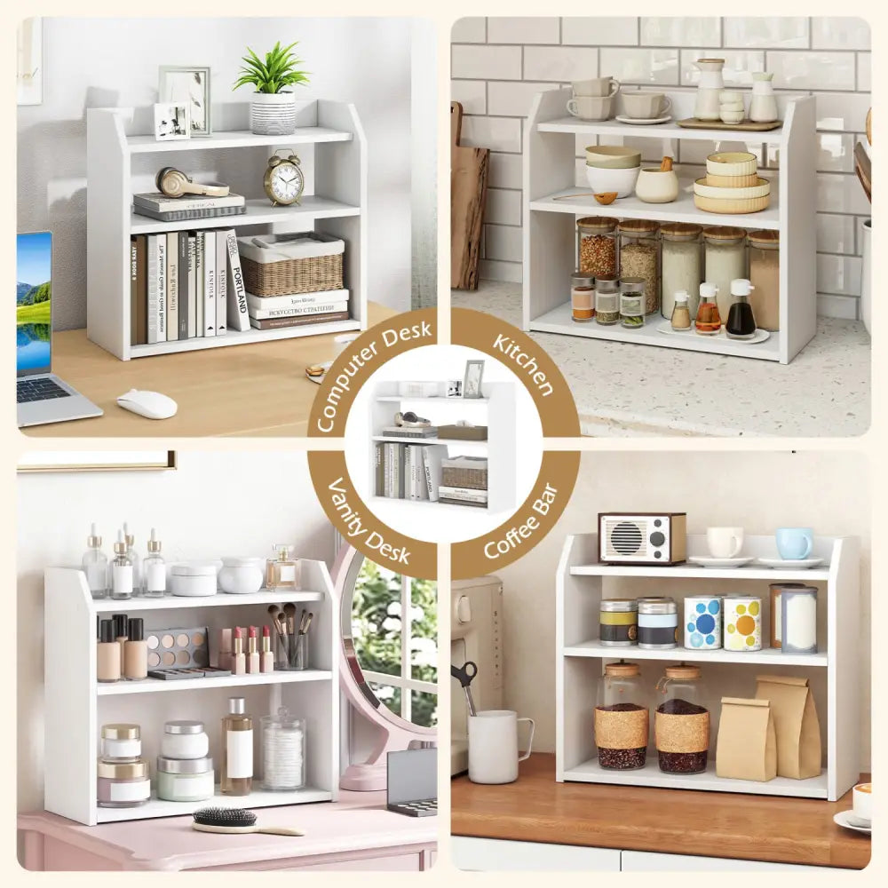 3-Tier Desktop Bookshelf Wooden Countertop Bookcase with Raised Top Guardrails-White - White - Bookcases