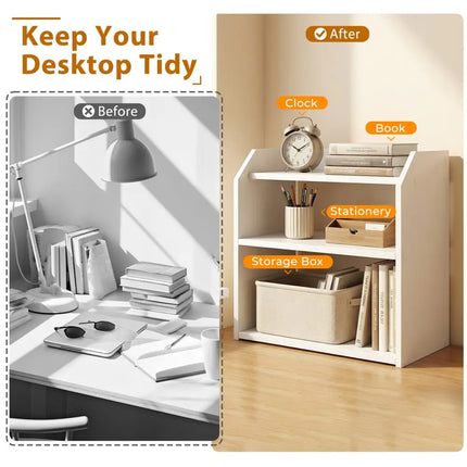 3-Tier Desktop Bookshelf Wooden Countertop Bookcase with Raised Top Guardrails-White Costway