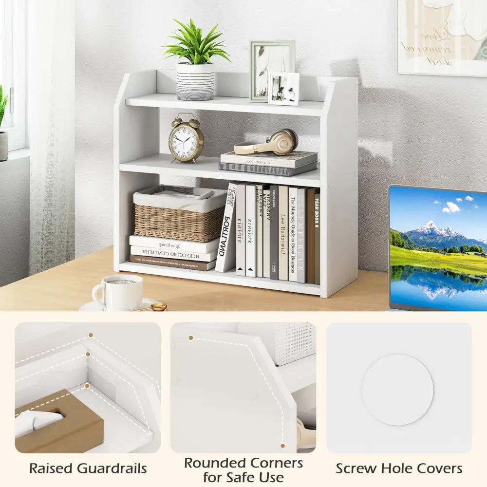 3-Tier Desktop Bookshelf Wooden Countertop Bookcase with Raised Top Guardrails-White - White - Bookcases